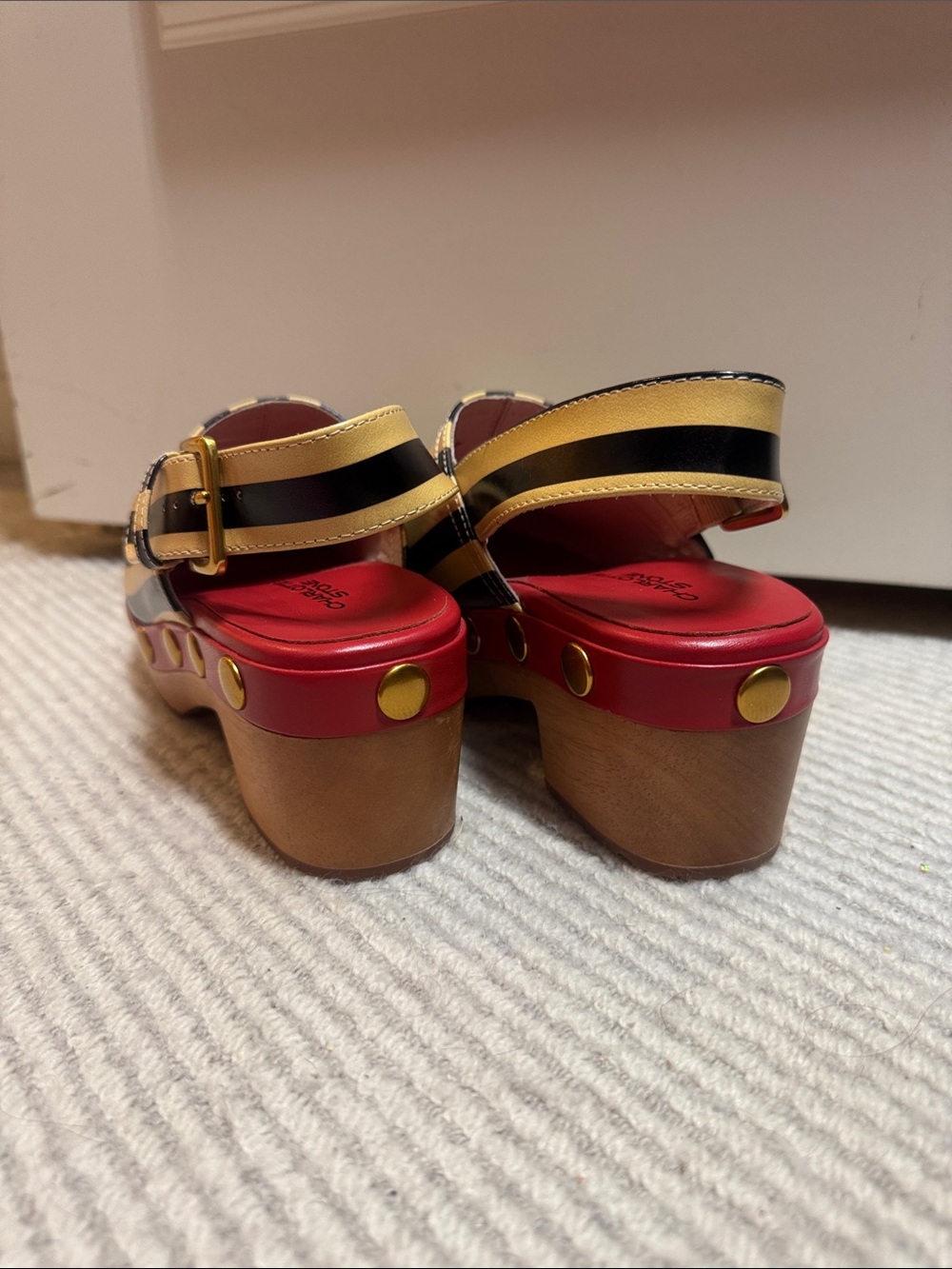 Charlotte Stone Cream & Black Striped Slingback Clogs Red Leather Gold Studs - Picture 5 of 8